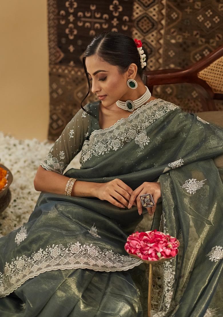 Mehendi Green Embroidered Net Saree Set