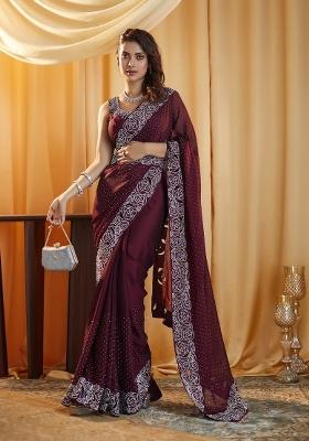 Wine Embroidered Silk Blend Saree Set