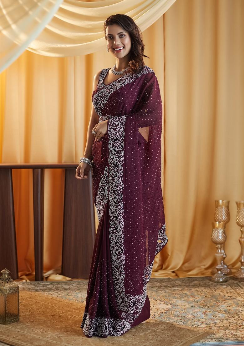 Wine Embroidered Silk Blend Saree Set