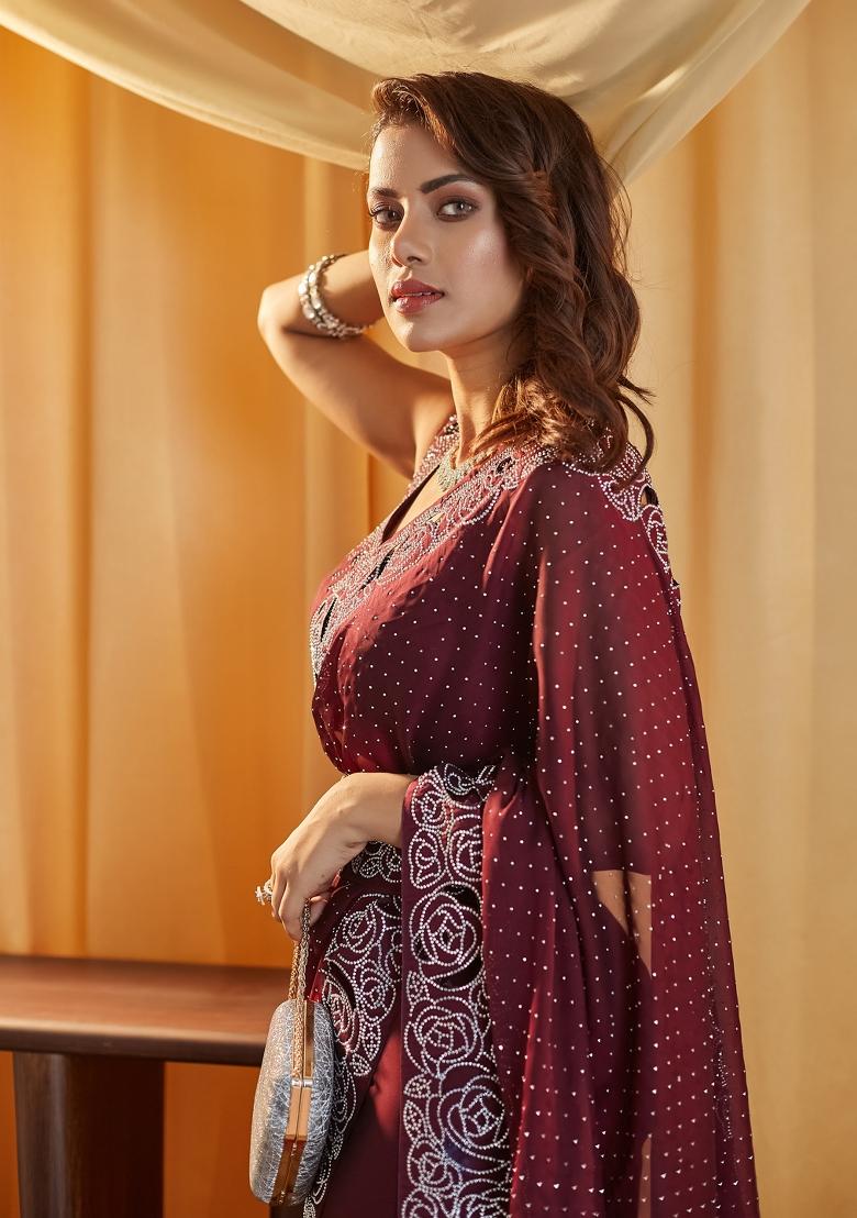 Wine Embroidered Silk Blend Saree Set