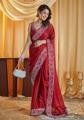 Maroon Embroidered Silk Blend Saree Set