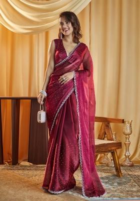 Rani Pink Embroidered Silk Blend Saree Set