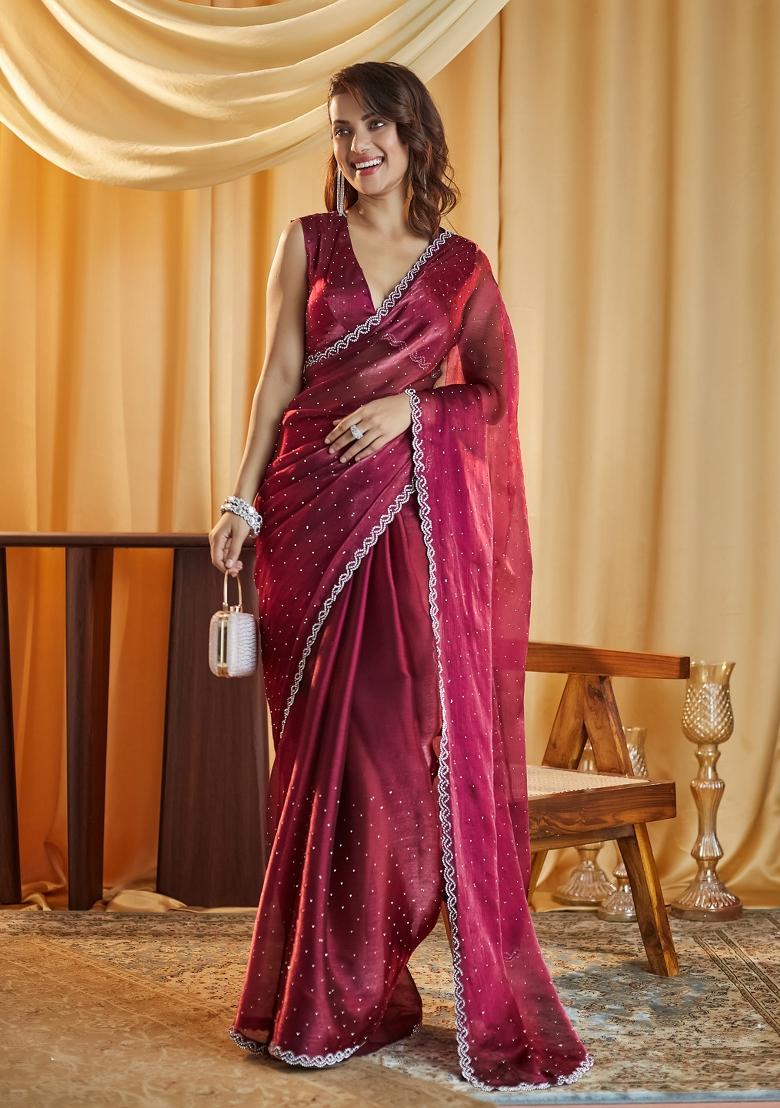 Rani Pink Embroidered Silk Blend Saree Set