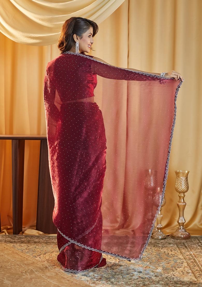 Rani Pink Embroidered Silk Blend Saree Set