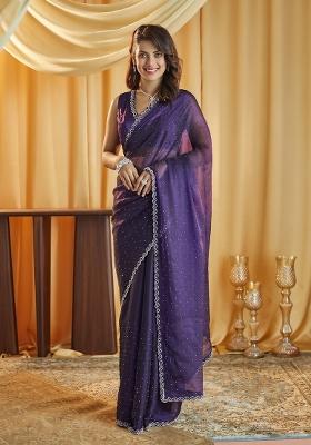 Magenta Embroidered Silk Blend Saree Set