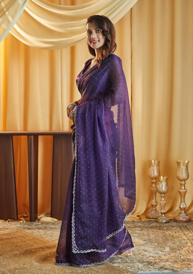 Magenta Embroidered Silk Blend Saree Set