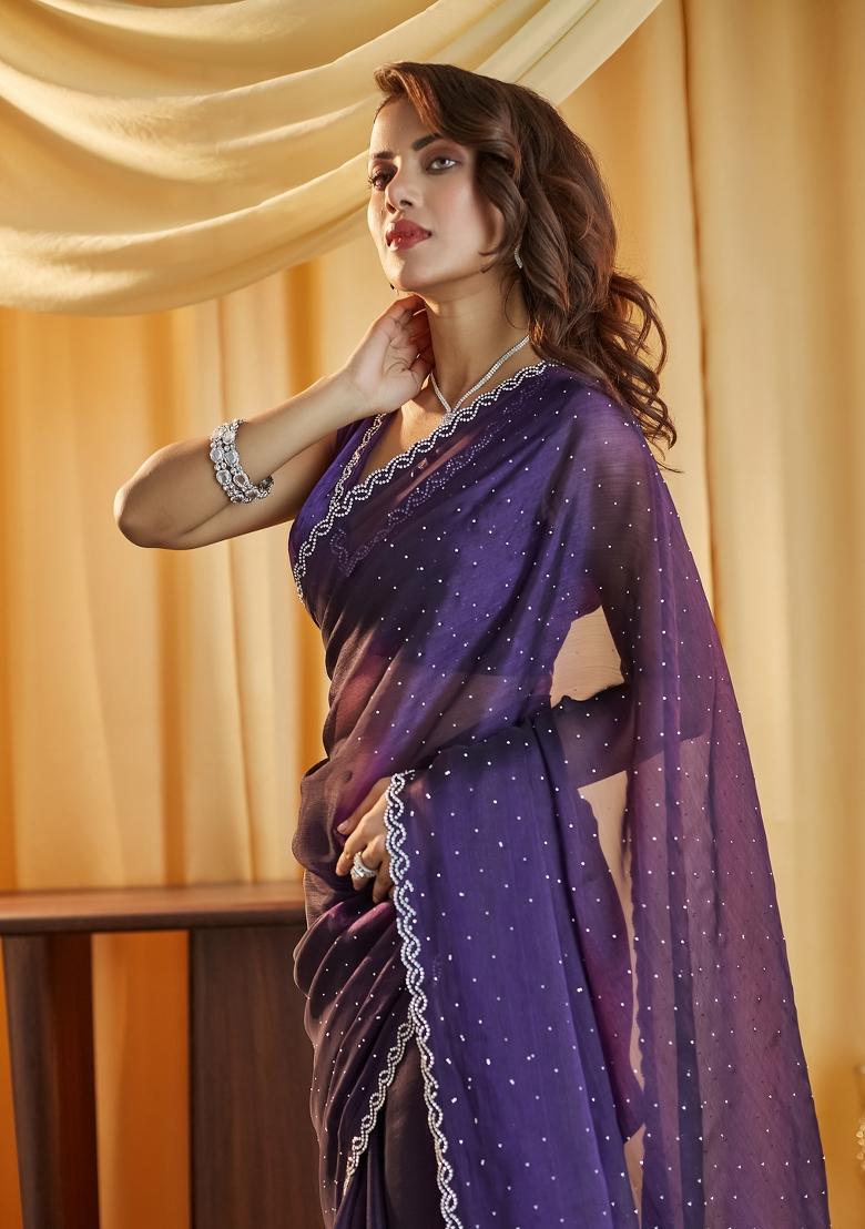 Magenta Embroidered Silk Blend Saree Set
