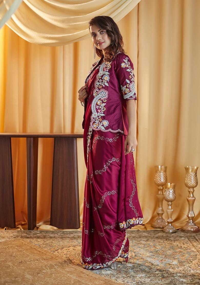 Wine Embroidered Silk Saree Set