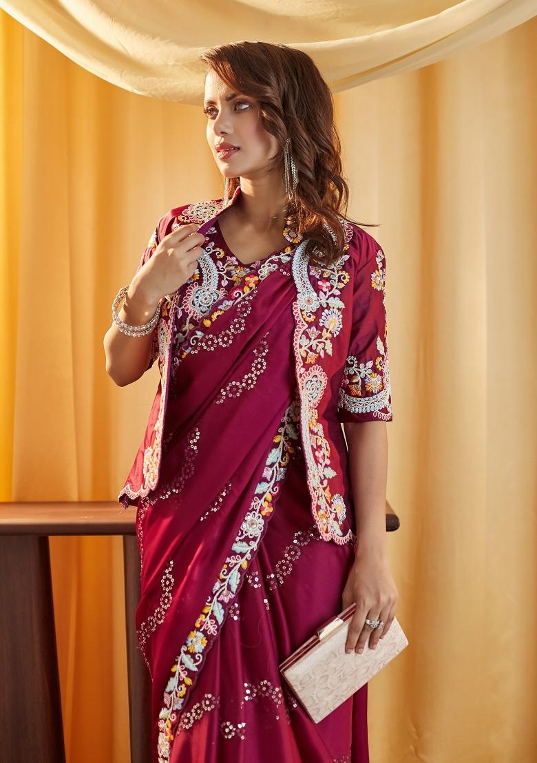 Wine Embroidered Silk Saree Set