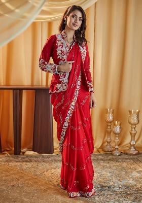 Cherry Red Embroidered Silk Saree Set