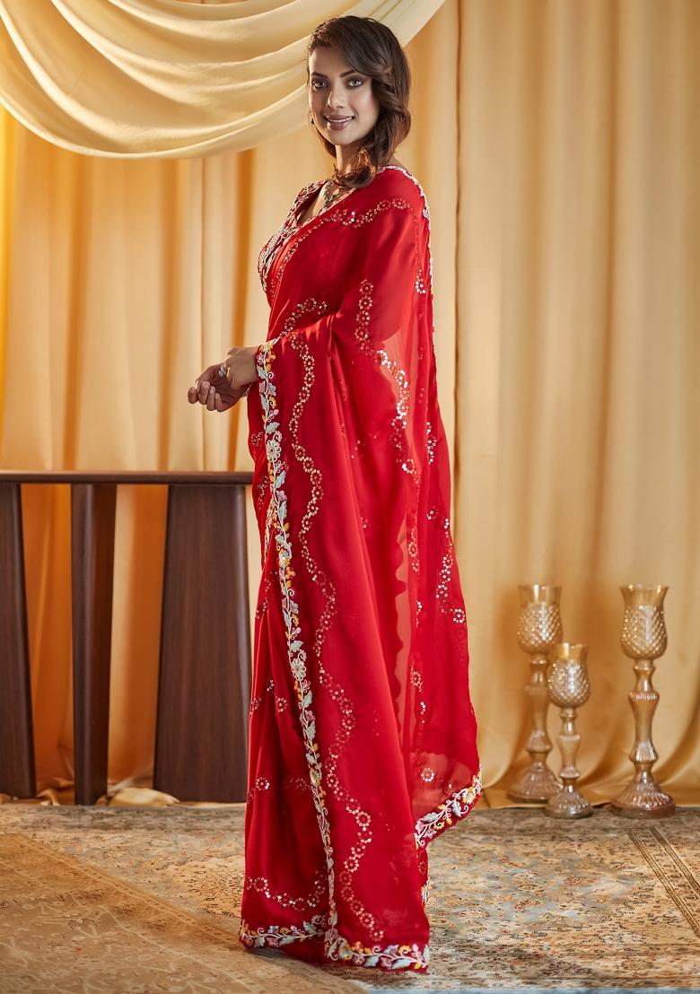 Cherry Red Embroidered Silk Saree Set