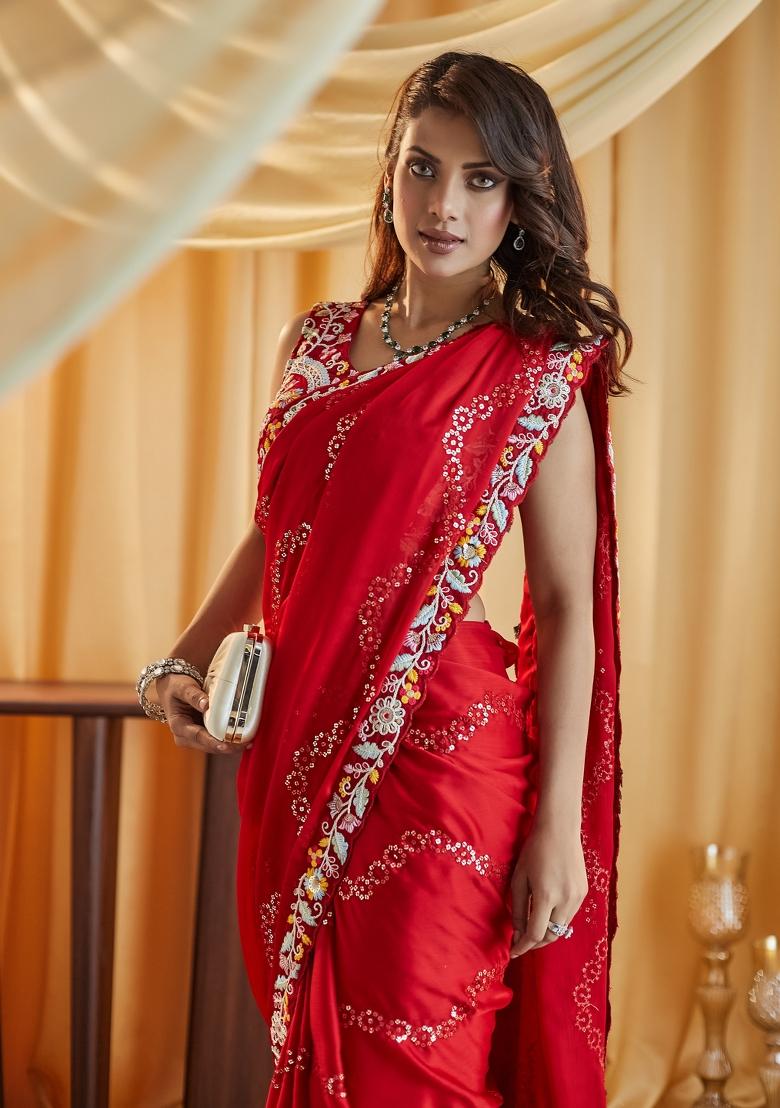 Cherry Red Embroidered Silk Saree Set