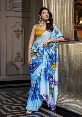 Sky Blue Printed Satin Saree Set