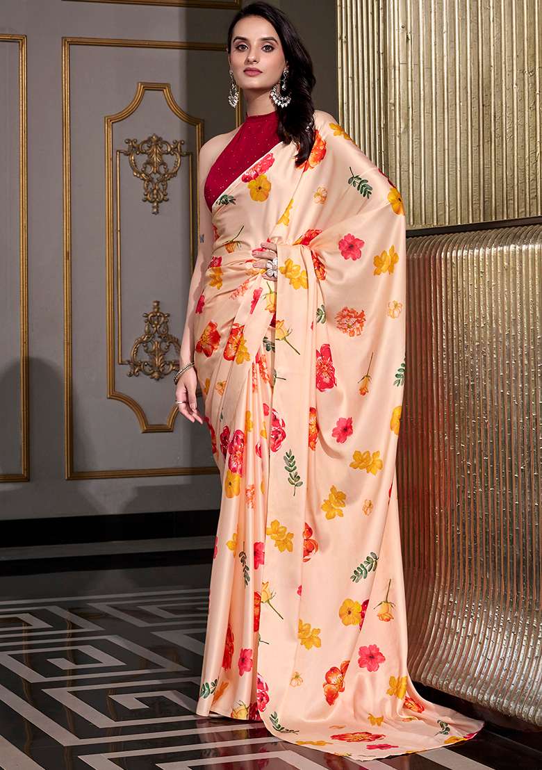 Cream Printed Satin Saree Set - Indya