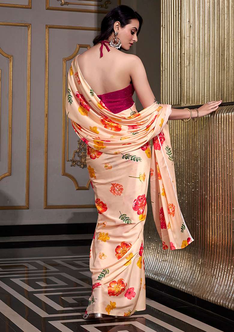 Cream Printed Satin Saree Set - Indya