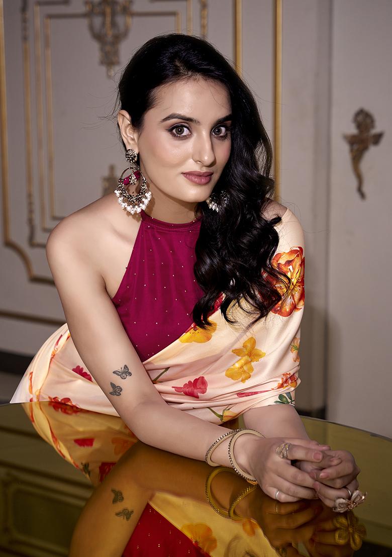 Cream Printed Satin Saree Set