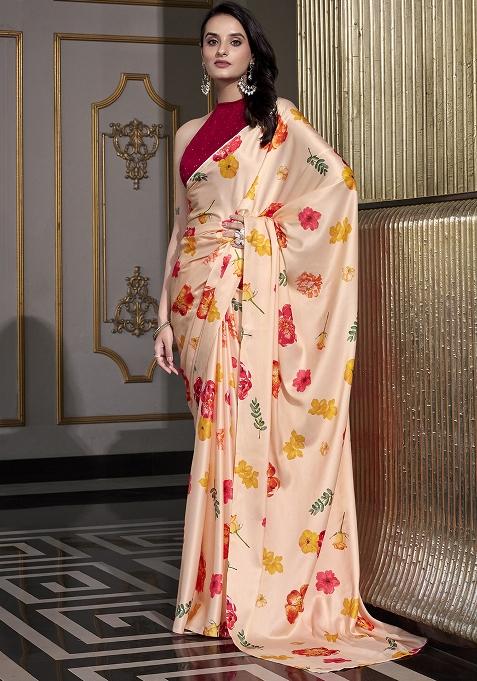 Cream Printed Satin Saree Set