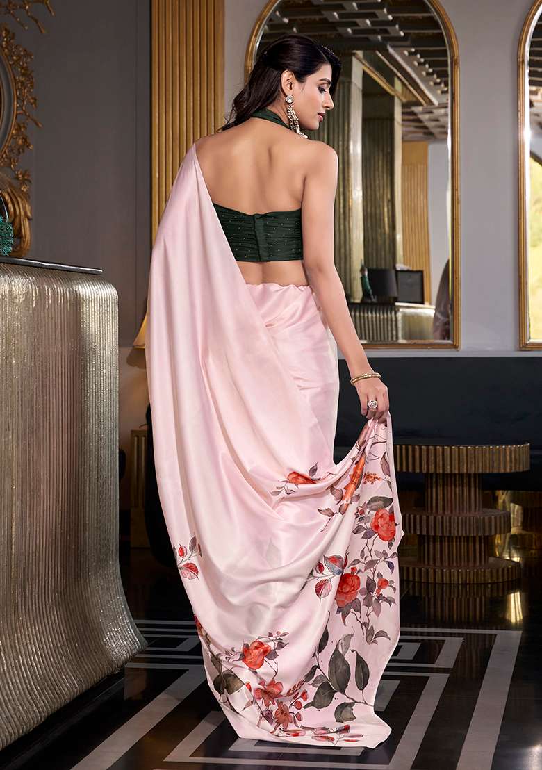 Off White Printed Satin Saree Set - Indya