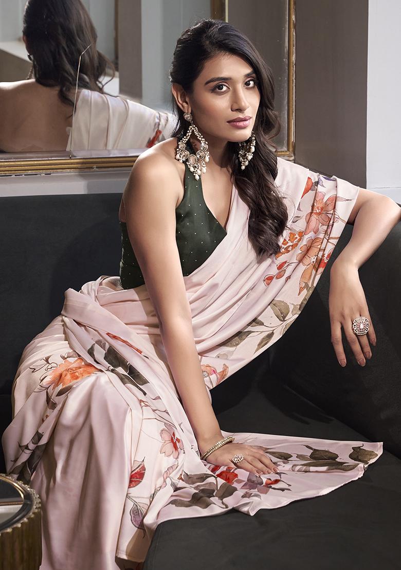 Off White Printed Satin Saree Set