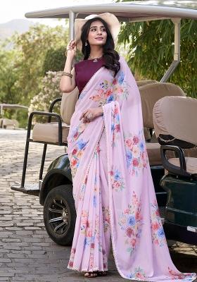 Light Pink Printed Cotton Saree Set