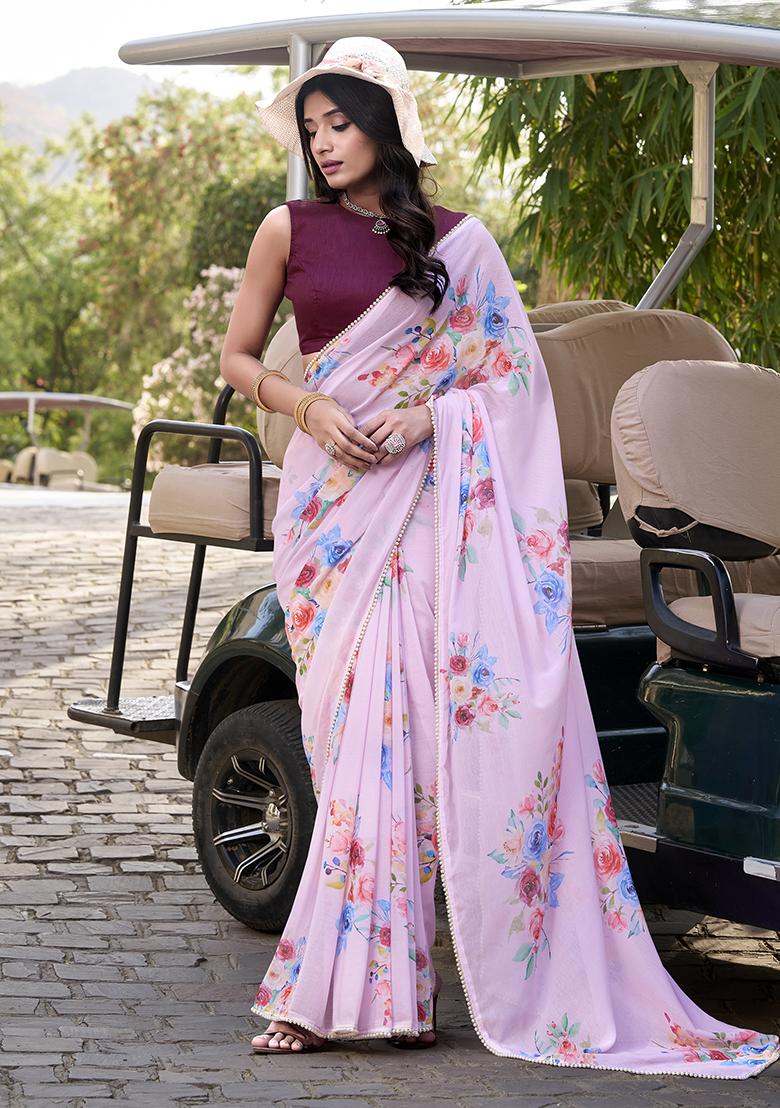 Light Pink Printed Cotton Saree Set
