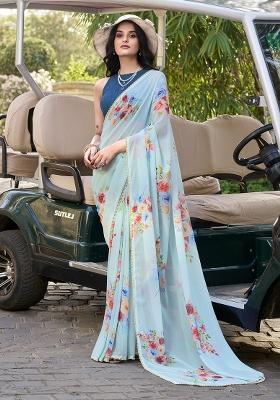 Sky Blue Printed Cotton Saree Set