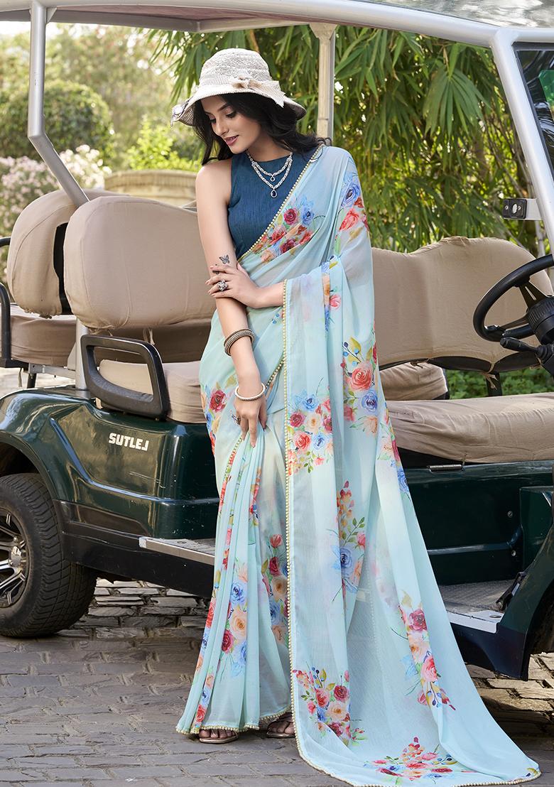 Sky Blue Printed Cotton Saree Set