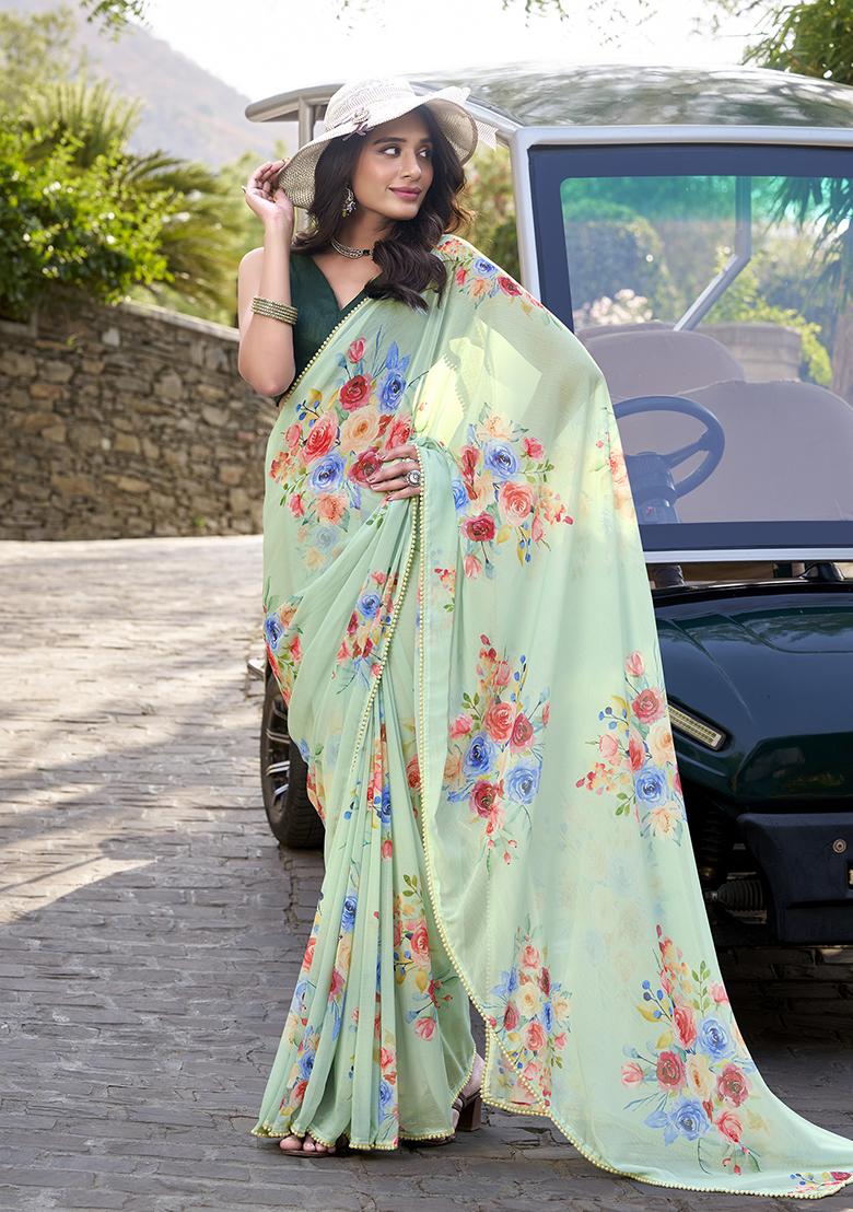 Pista Green Printed Cotton Saree Set