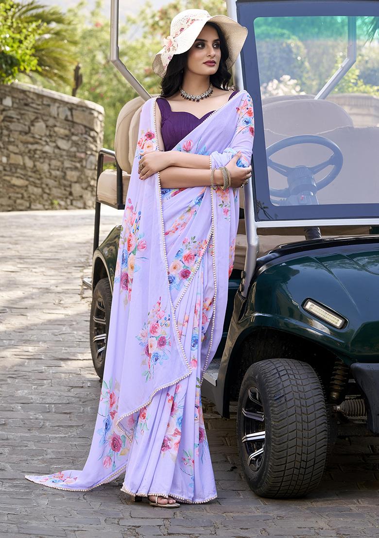 Lavender Printed Cotton Saree Set