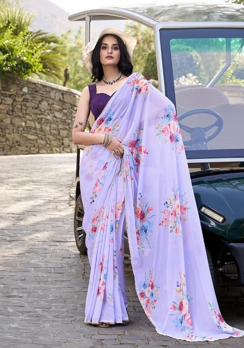 Lavender Printed Cotton Saree Set