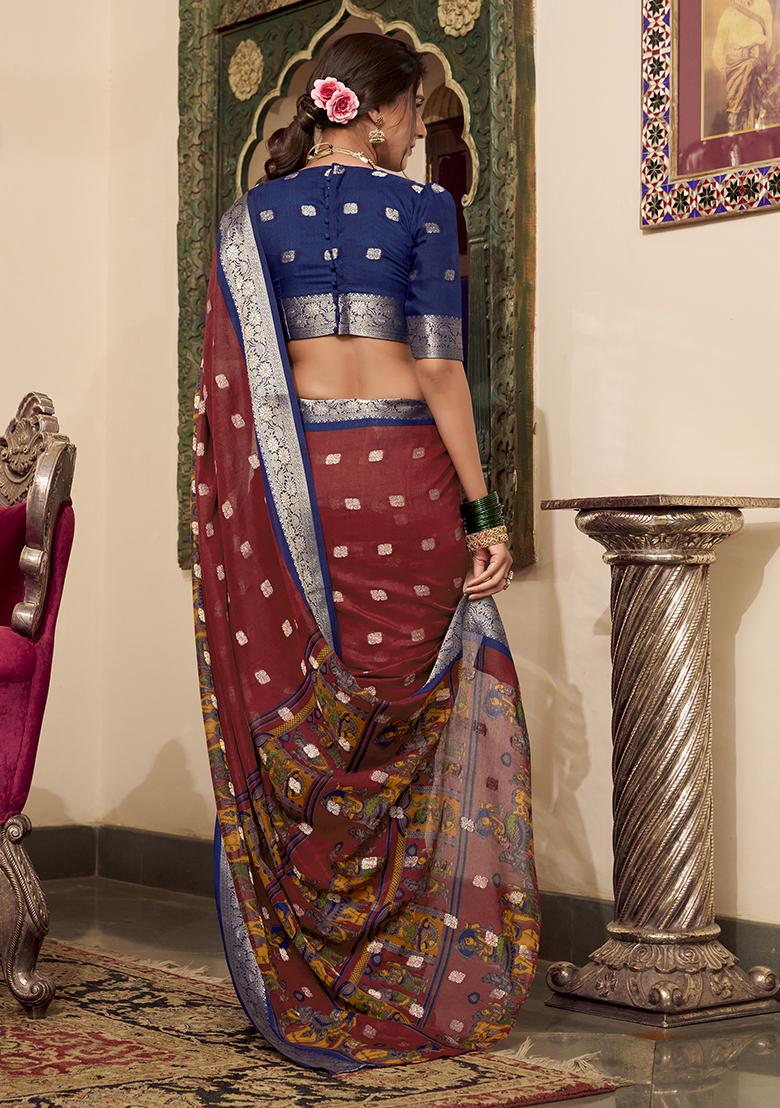 Maroon Kalamkari Print Poly Cotton Saree Set