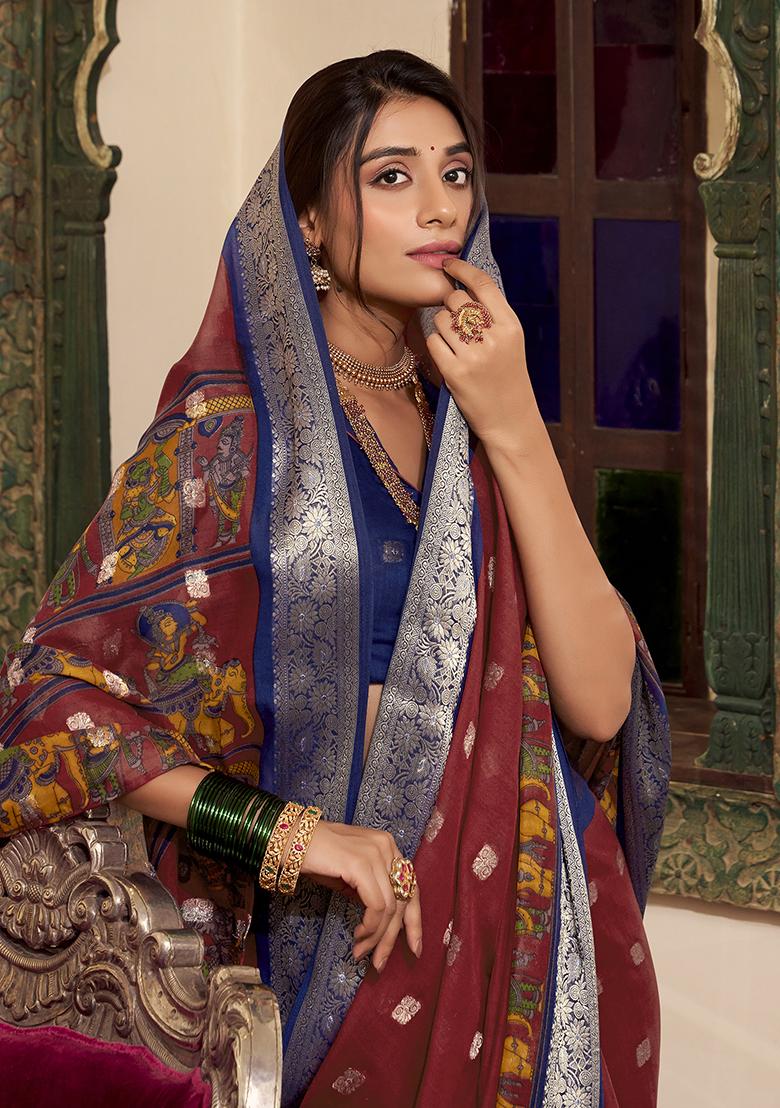 Maroon Kalamkari Print Poly Cotton Saree Set