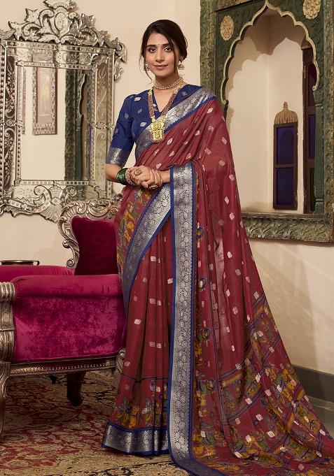 Maroon Kalamkari Print Poly Cotton Saree Set