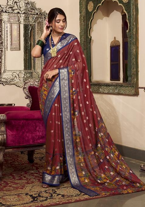 Maroon Kalamkari Print Poly Cotton Saree Set