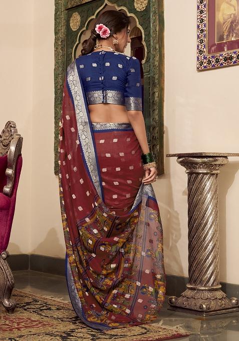 Maroon Kalamkari Print Poly Cotton Saree Set