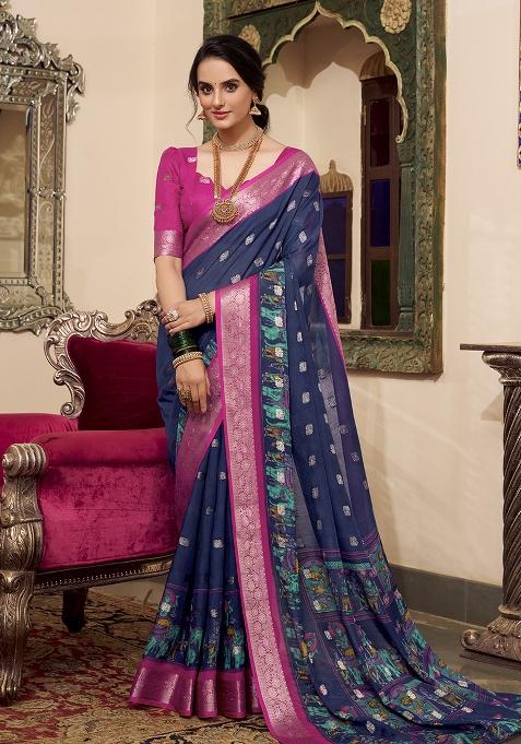 Navy Blue Kalamkari Print Poly Cotton Saree Set