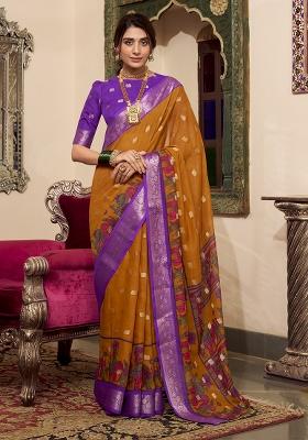 Mustard Yellow Kalamkari Print Poly Cotton Saree Set