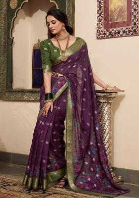 Wine Kalamkari Print Poly Cotton Saree Set