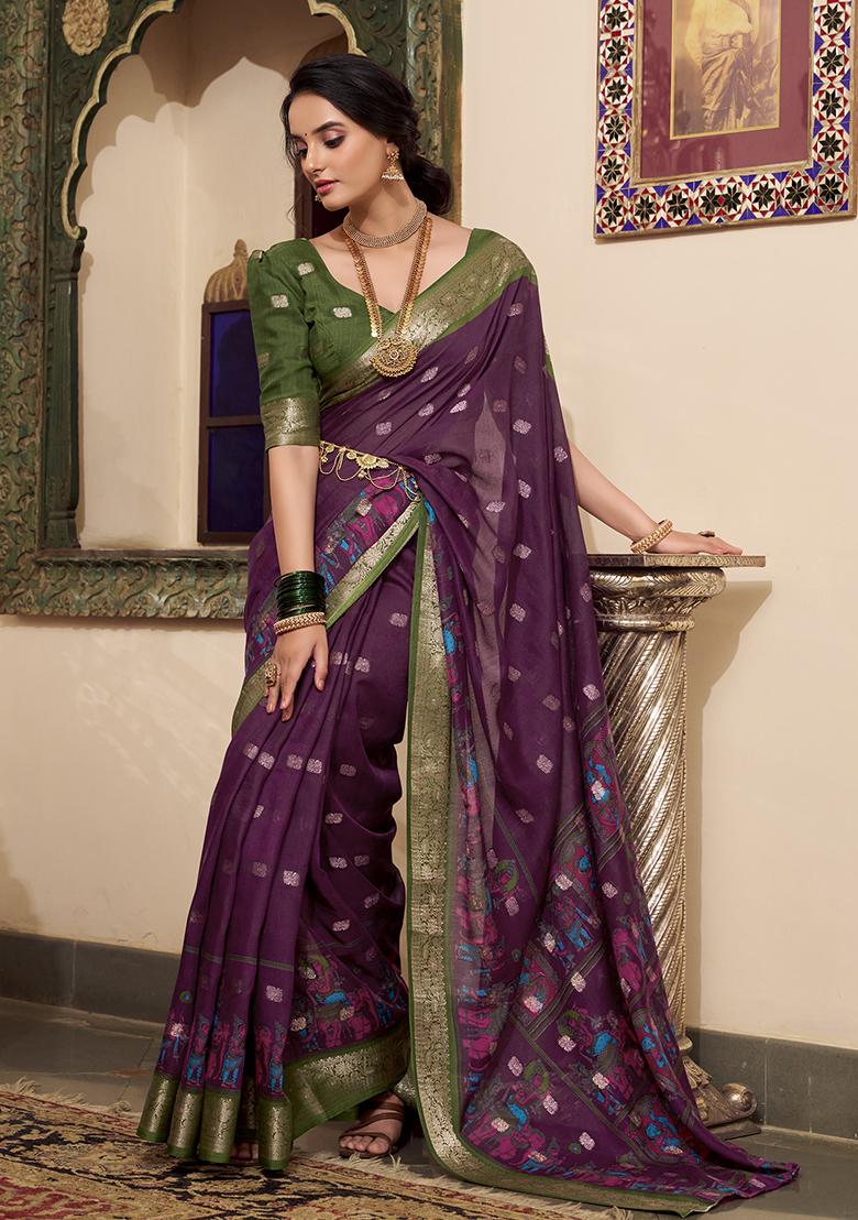 Wine Kalamkari Print Poly Cotton Saree Set