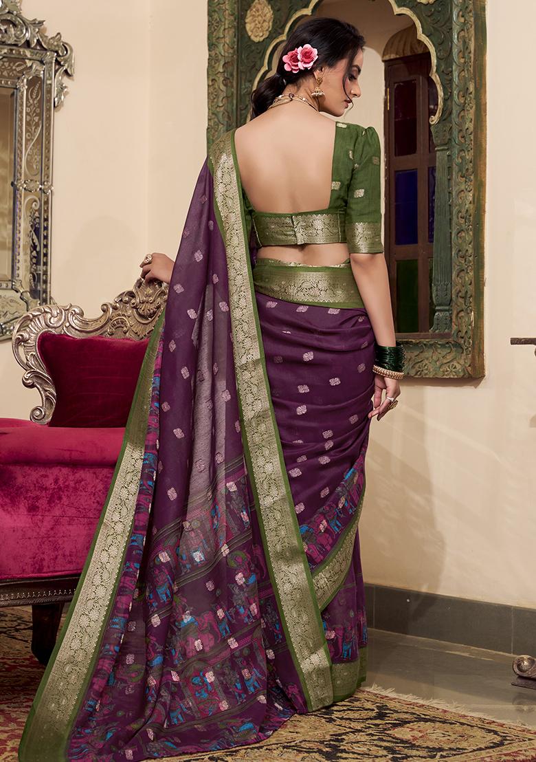 Wine Kalamkari Print Poly Cotton Saree Set