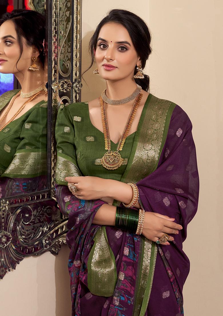 Wine Kalamkari Print Poly Cotton Saree Set