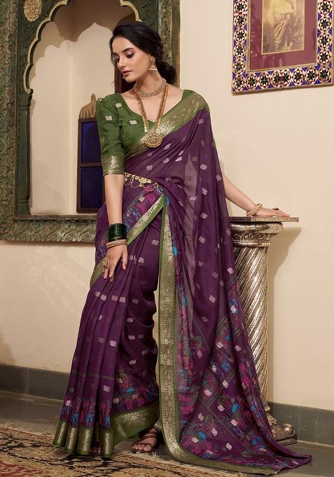 Wine Kalamkari Print Poly Cotton Saree Set