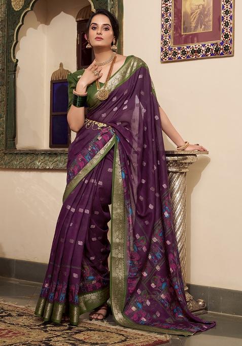 Wine Kalamkari Print Poly Cotton Saree Set