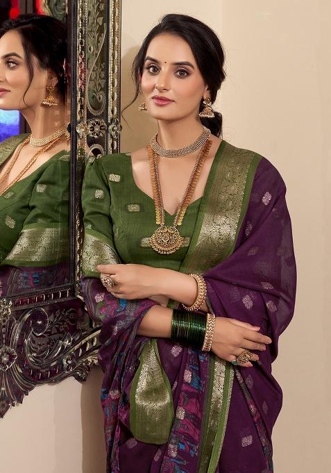 Wine Kalamkari Print Poly Cotton Saree Set