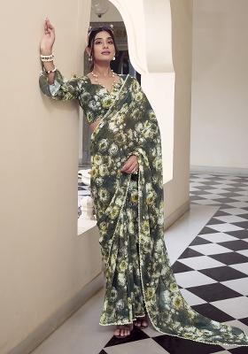 Mehendi Green Printed Cotton Saree Set