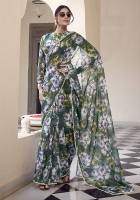 Green Printed Cotton Saree Set