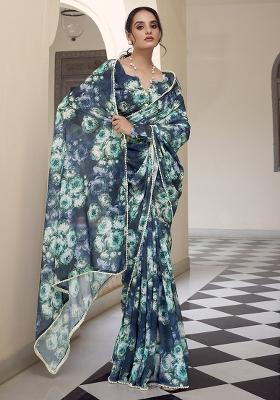 Navy Blue Printed Cotton Saree Set