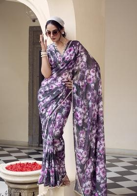 Grey Printed Cotton Saree Set