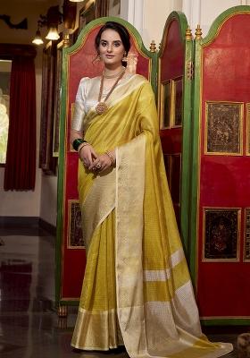Yellow Zari Embroidered Jacquard Saree Set