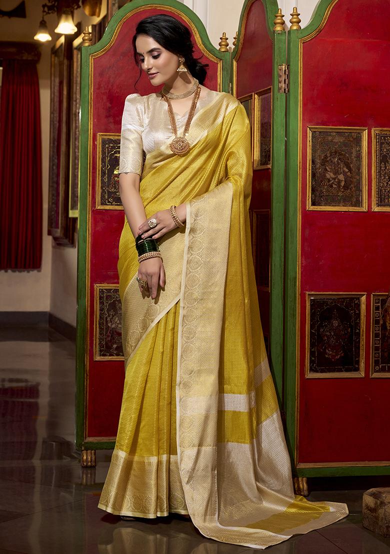 Yellow Zari Embroidered Jacquard Saree Set